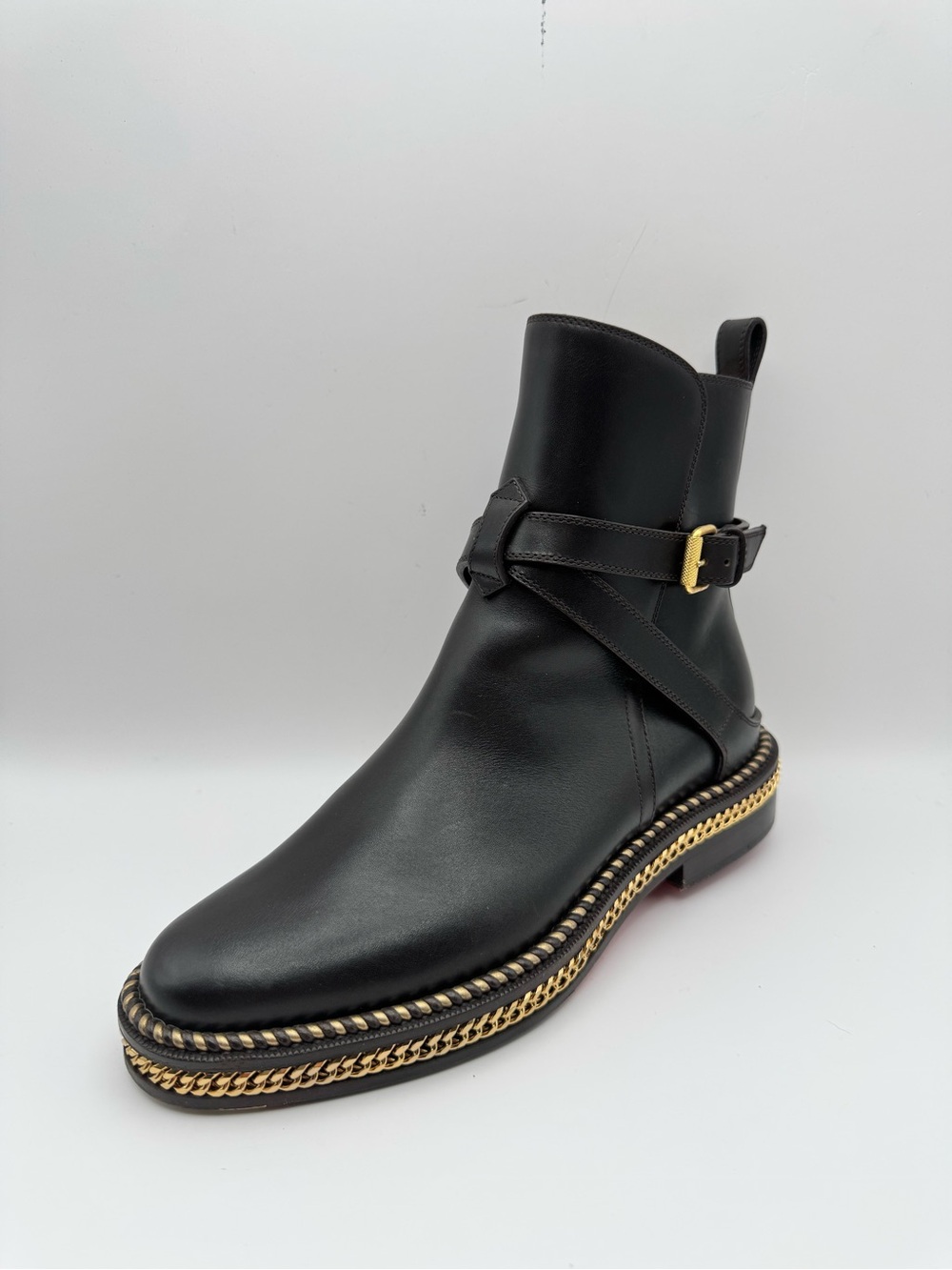Christian Louboutin Chelsea Chain Black Leather Ankle Boots EU 36 Red Sole